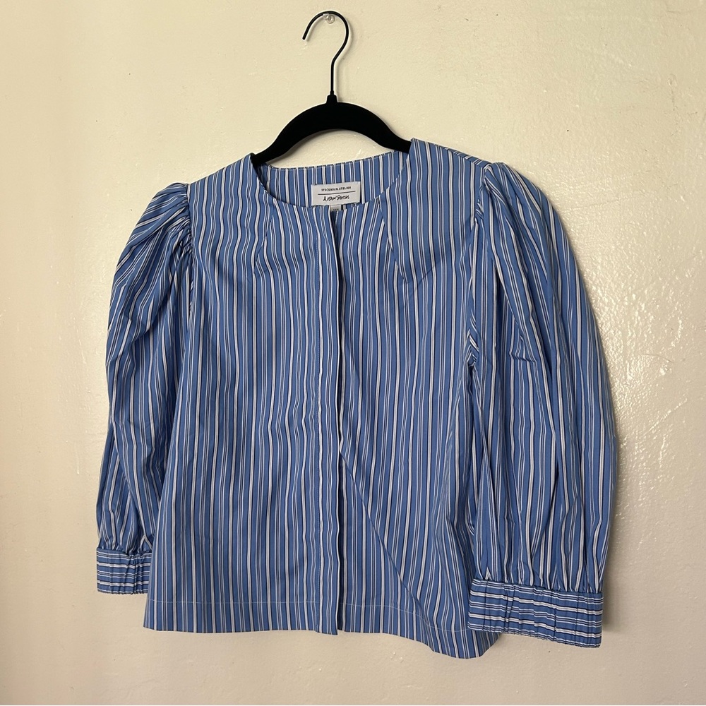And Other Stories Blue and White Striped Button Up Puffy Sleeve Top